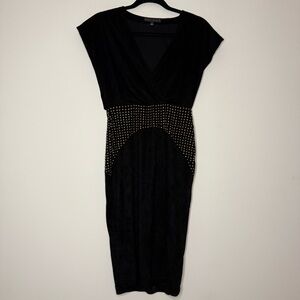 SHERI BODELL Embellished Studded Vneck Edgy Glam Suede Cocktail LBD Sheath Dress
